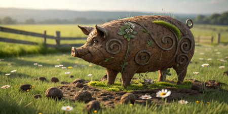 A whimsical pig sculpture made from clay stands proudly in a lush green meadow. The colorful figure features flowers and plants that enhance its rustic charm.の写真素材