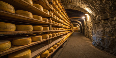 Rows of yellow cheese wheels sit aging on wooden shelves in a cool, dimly lit cave. The stone walls...