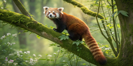 A red panda sits comfortably on a tree branch covered in moss, surrounded by vibrant green foliage...