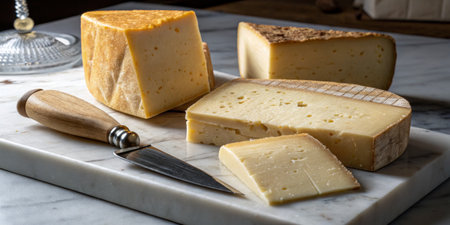 A variety of artisanal cheeses are beautifully arranged on a marble cutting board. A wooden-handled knife lies beside them, enhancing the rustic charm of the setting.の写真素材