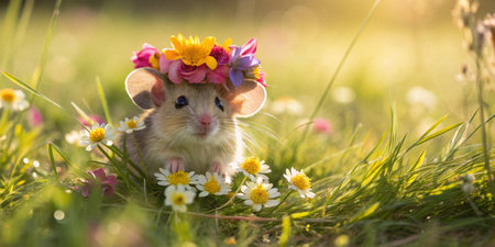 A small mouse sits in a vibrant meadow adorned with colorful wildflowers. It wears a charming floral crown, basking in the warm sunlight. A peaceful scene of nature's beauty.の写真素材