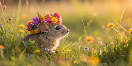 A small bunny sits peacefully in a vibrant meadow filled with wildflowers, wearing a crown made of brightly colored blooms as golden sunlight bathes the scene.の写真素材