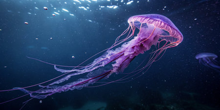 A vibrant jellyfish glides effortlessly through the deep blue ocean, its long tentacles trailing behind.の写真素材