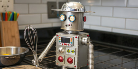 A vintage-style metal robot with bright buttons and a whisk stands in a contemporary kitchen, ready to assist in cooking, surrounded by kitchen utensils.の写真素材