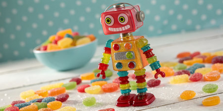 A vibrant robot with a retro design is surrounded by a variety of jelly candies on a wooden surface. A bowl of more candies is in the background, adding to the cheerful atmosphere.の写真素材