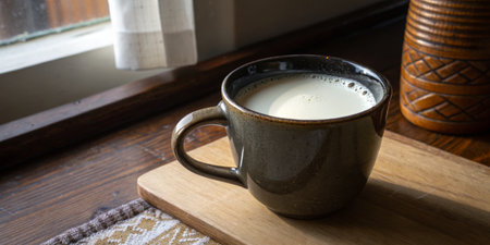 A cup filled with creamy coffee sits on a wooden board by the window, bathed in morning light. The cozy atmosphere invites relaxation and enjoyment of a quiet moment.の写真素材