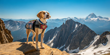 A dog wearing a harness stands confidently on a rocky ledge, overlooking a breathtaking mountain range. The clear sky enhances the stunning scenery, creating a sense of adventure.の写真素材