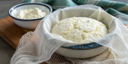 Creamy cheese is prepared in a kitchen, resting in a bowl lined with cloth on a wooden cutting board. A smaller bowl of curds is nearby, indicating a homemade process.の写真素材