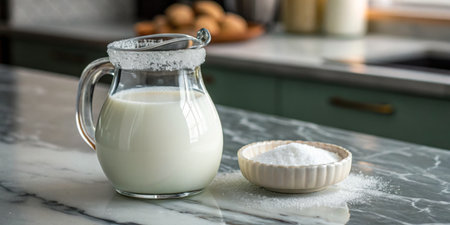 A glass pitcher filled with fresh creamy milk sits next to a bowl of sugar on a polished marble countertop. The kitchen features soft lighting and a warm atmosphere.の写真素材