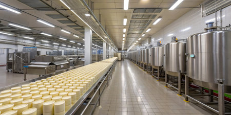A modern dairy processing facility features rows of cylindrical storage tanks and a production line filled with containers of dairy products.の写真素材