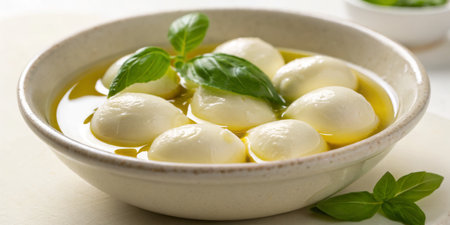 Delicious mozzarella balls sitting in a dish of olive oil, accompanied by fresh basil leaves, creating a colorful and appetizing display ideal for a culinary presentation.の写真素材