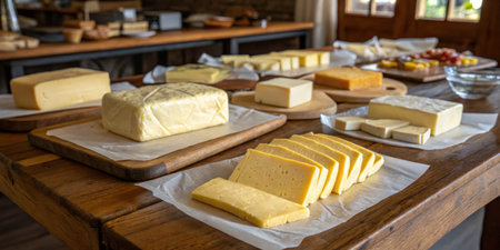 Multiple types of cheeses are attractively arranged on wooden tables, featuring slices and blocks. This artisan market showcases local dairy products, inviting visitors to taste.の写真素材