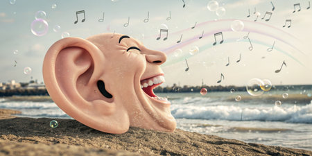 A large ear-shaped sculpture joyfully laughing by the shoreline, surrounded by colorful bubbles and...