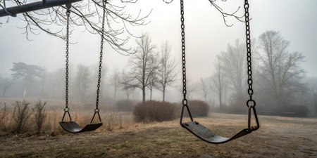 Two empty swings hang in a foggy park, surrounded by leafless trees. The atmosphere is tranquil, creating a feeling of peaceful solitude.の写真素材