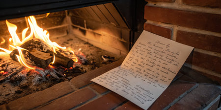 A handwritten letter lies on the brick hearth next to a roaring fire, casting a warm glow throughout...