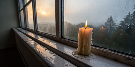 A soft candle flickers on a windowsill, illuminating a cozy interior. Outside, mist gathers while the sun sets, creating a peaceful ambiance.の写真素材