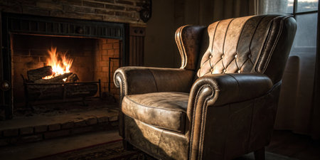 A leather armchair is positioned near a crackling fireplace, casting warm light in a dimly lit room. The fire creates a cozy ambiance perfect for relaxation.の写真素材