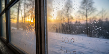 Frosted glass reveals a stunning sunrise over a snowy landscape, with condensation creating a cozy atmosphere. Nature's beauty fills the air as morning light breaks through.の写真素材