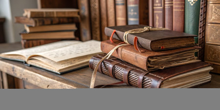 A charming arrangement of vintage books and journals on a wooden shelf creates a warm atmosphere in...