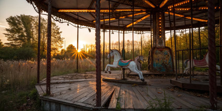 An old carousel sits abandoned in an amusement park as the sun sets in the background. Overgrown grass surrounds the weathered structure, creating a serene yet haunting atmosphere.の写真素材