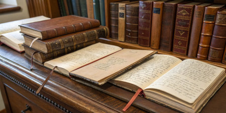 Various antique books and handwritten journals are displayed on a wooden desk in a library, showcasing intricate bindings and historical significance. The tranquil atmosphere invites exploration.の写真素材