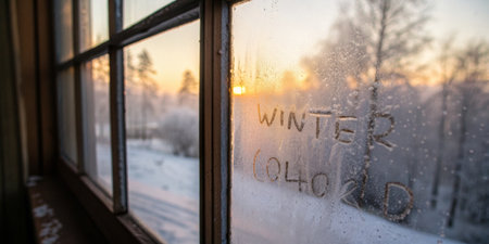 A frosted window displays the word winter as sunlight breaks through in a snowy environment. Trees stand resilient against the cold backdrop, creating a serene winter scene.の写真素材