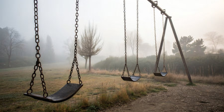 Swings hang silently in a misty park, surrounded by soft grass and distant trees, creating a serene and nostalgic atmosphere in the early morning light.の写真素材