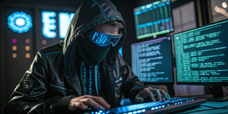 A person wearing a hoodie and futuristic glasses works diligently at a keyboard surrounded by...