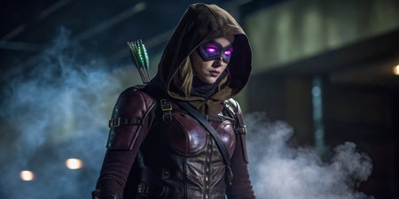 A female vigilante in a dark leather costume and hood prepares for action, glowing purple goggles illuminating her focused expression as she stands among swirling fog.の写真素材