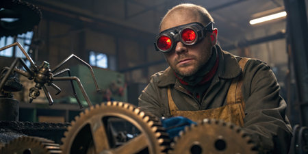 Artisan wearing goggles focuses intently on assembling mechanical gears in an industrial workshop. Soft lighting enhances the steampunk aesthetic and atmosphere of creativity.の写真素材