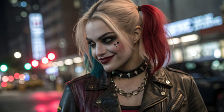 A woman embodies a vibrant character with playful pigtails in pink and blue, wearing a leather jacket and colorful makeup while enjoying a bustling city nightlife.の写真素材