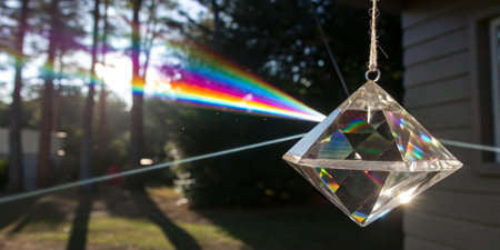 A crystal prism hangs from a thin string, casting a beautiful array of rainbow colors against a backdrop of trees and a house in late afternoon light.の写真素材