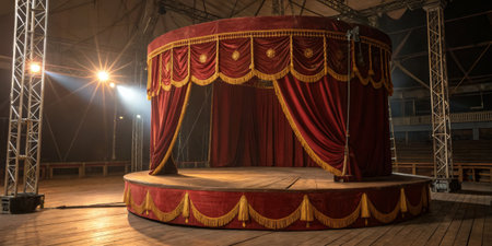 The circular stage features elegant red curtains adorned with gold embellishments, set within a spacious, empty circus tent. Soft lighting creates an inviting atmosphere in the evening.の写真素材
