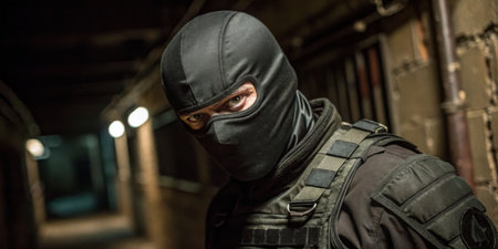 A covert operative with a black mask and tactical gear maintains a vigilant stance in a dimly lit corridor, ready for action during a nighttime operation.の写真素材