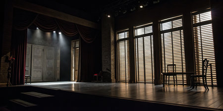 Soft light filters through wooden shutters of a theater stage, highlighting empty chairs and a...