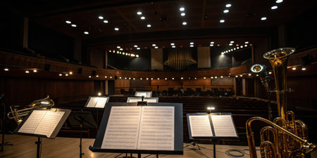 Musicians set up their instruments in a concert hall, surrounded by music stands. The venue is...