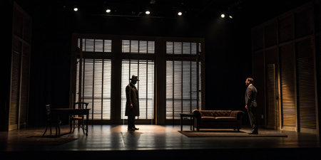 Two actors stand on a dimly lit theater stage, engaged in a tense confrontation. The room features wooden shutters and minimal furniture, enhancing the dramatic atmosphere.の写真素材