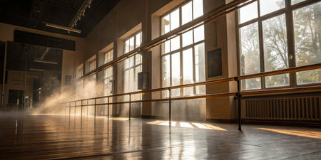 Warm sunlight filters through expansive windows, illuminating a quiet dance studio. Mist hangs in...