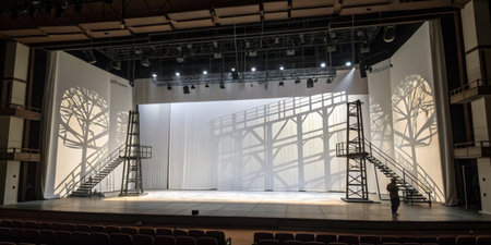 The theater stage is set for a performance, featuring large white backdrops and dramatic shadows of...