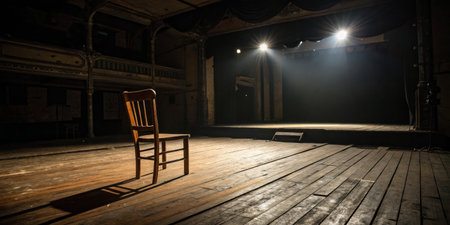 A solitary wooden chair sits on a weathered stage, illuminated by glowing stage lights, suggesting the absence of performers in an abandoned theater.の写真素材