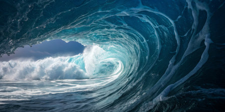 A massive ocean wave curls dramatically as it approaches the shore, showcasing vibrant blue hues and...