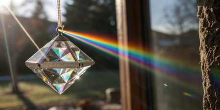 Sunlight filters through a crystal prism hung near a window, casting a vibrant rainbow on the nearby surface. The setting feels tranquil and bright during the day.の写真素材