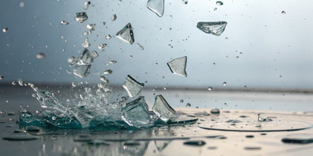 Shards of glass break apart and create splashes as they hit a surface covered in water, capturing the energy and beauty of this moment in a captivating way.の写真素材