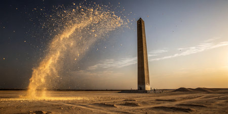 A striking tower rises from the arid desert landscape as sand swirls around it, illuminated by the soft glow of the setting sun. Dust dances in the evening light, creating a magical atmosphere.の写真素材