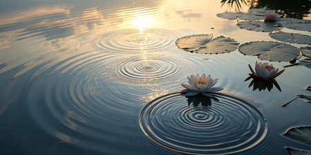 Water lilies blossom on the surface of a calm lake, their petals glowing in the warm light of dusk. Ripples radiate from a gentle breeze, creating a tranquil atmosphere.の写真素材
