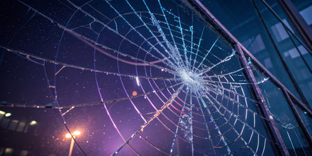 Shattered glass with a spiderweb pattern glistens under city lights at night, adding an intriguing...