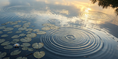 As the sun sets, gentle ripples spread across the calm lake while lily pads float peacefully. A single white lily blooms, adding beauty to the tranquil scene.の写真素材