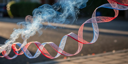 Vibrant ribbons twist and turn in the air, displaying a red and blue hue. The sunlight highlights their fluid movement as they dance in an outdoor setting.の写真素材