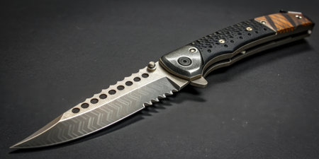 A folding knife features a sharp, serrated blade with unique patterns and a textured handle for a...