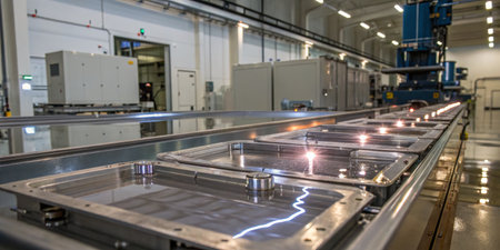 A state-of-the-art manufacturing facility features a conveyor system transporting metal components...